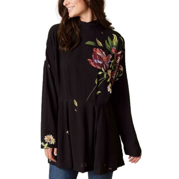 Free People Dresses & Skirts - Free People Black Floral Mock Neck Open Back Tie Tunic Dress Long Sleeve M New